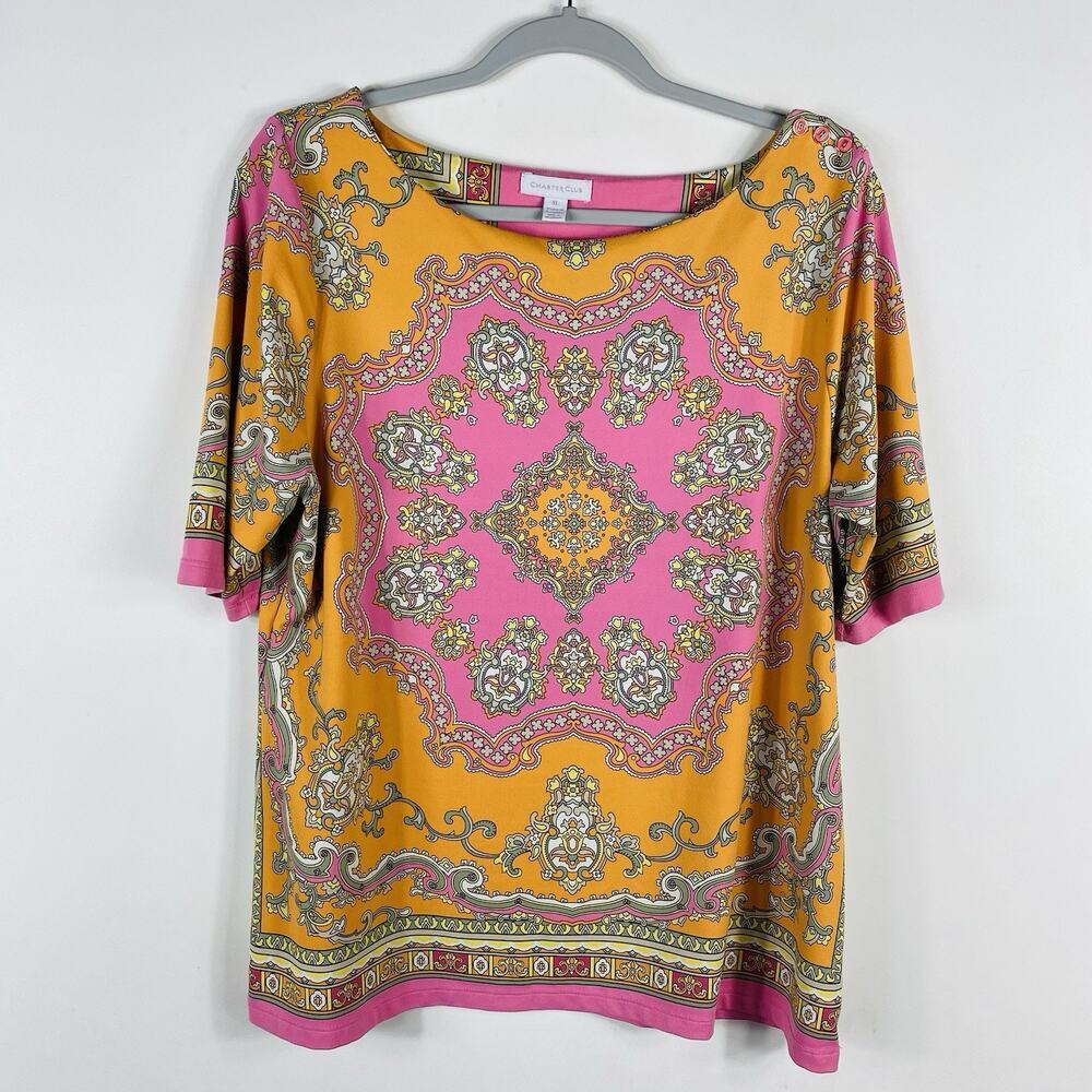 Charter Club Top XL Printed Short Sleeve Boatneck Stretch Boho Pink Orange